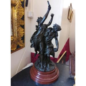 Bronze Group On A Marble Base By Claude-michel Clodion, Bacchantes With Tambourine